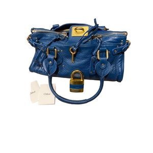 Authentic Chloe Paddington Pad Lock Shoulder Hand Bag Satchel Blue Designer